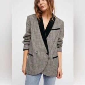 Free People Crossroads Oversized Shawl Collar Velvet Trim Plaid Blazer S